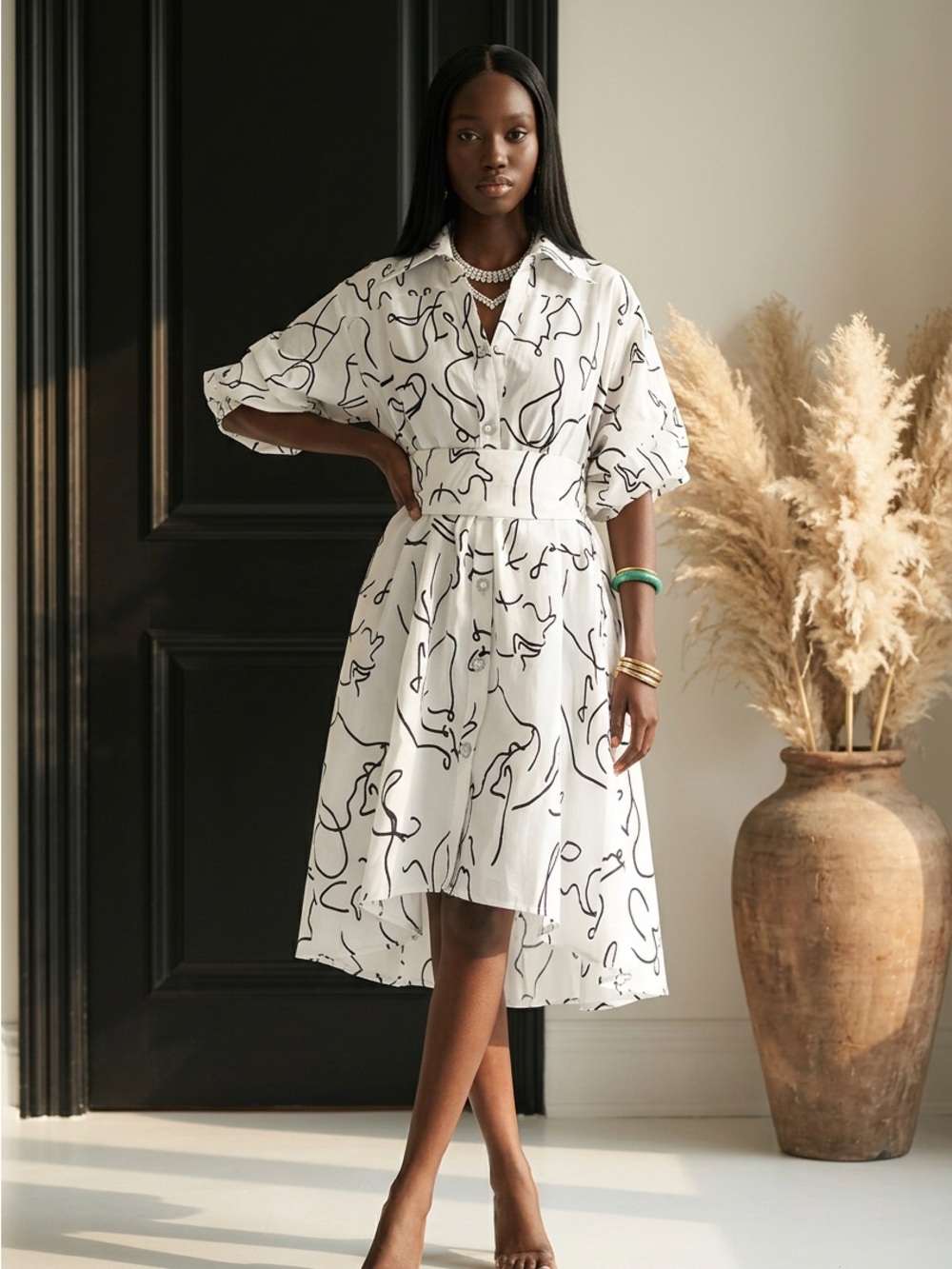 Swing Dress/ Faux Silk White/Black (758) with Coordinated Head Wrap